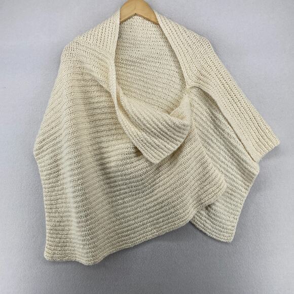 EILEEN FISHER Sweater OS Ribbed Chunky Cape Poncho Shawl One Button Off White - Picture 2 of 11